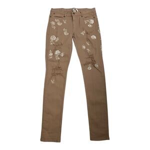 Haute Hippie Jean Floral Skinny Jeans Tan Women's 28 Streetwear Boho Distressed